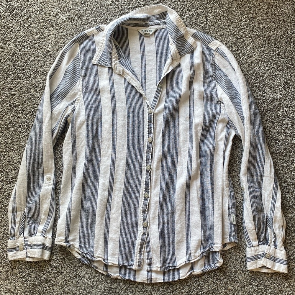 Orvis partial linen striped button up